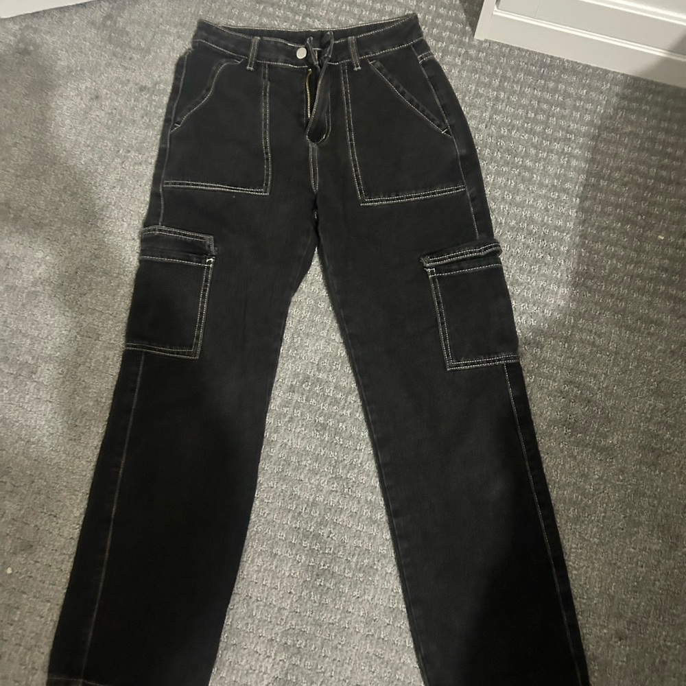 Black Cargo Pants with Contrast Stitching